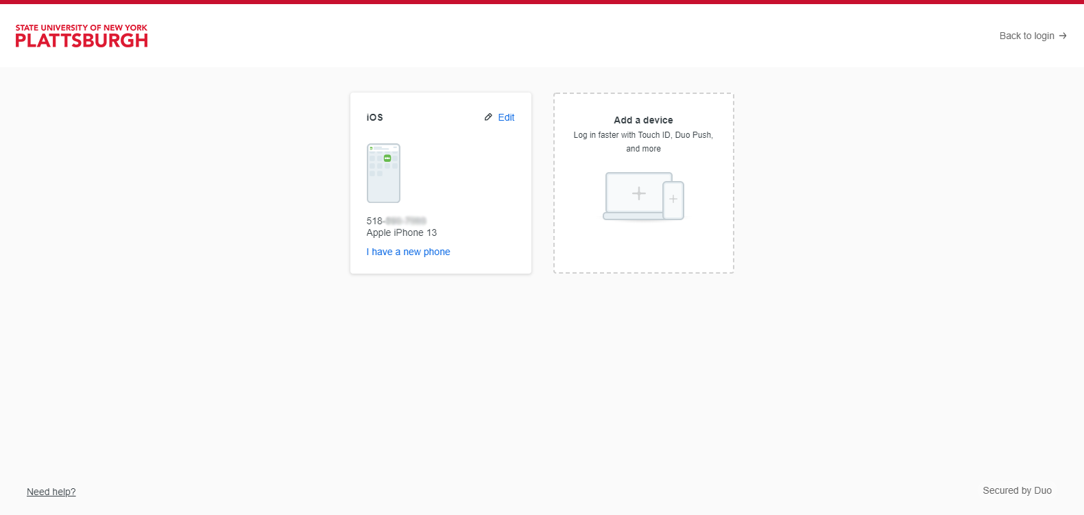 Existing Plattsburgh device-management example with a registered phone and Add a device tile.