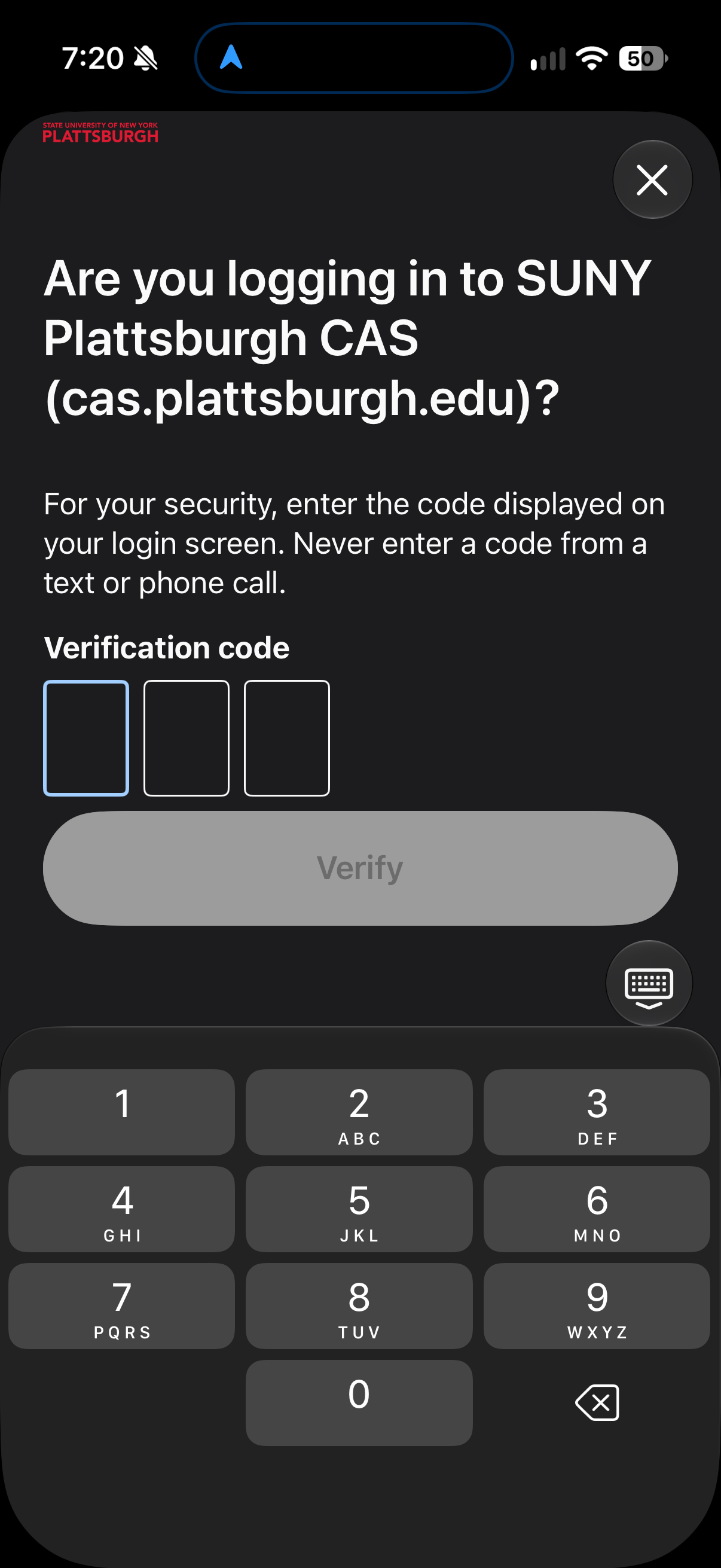 Duo Mobile asks if you are logging into SUNY Plattsburgh CAS, with empty verification-code fields and a Verify button.