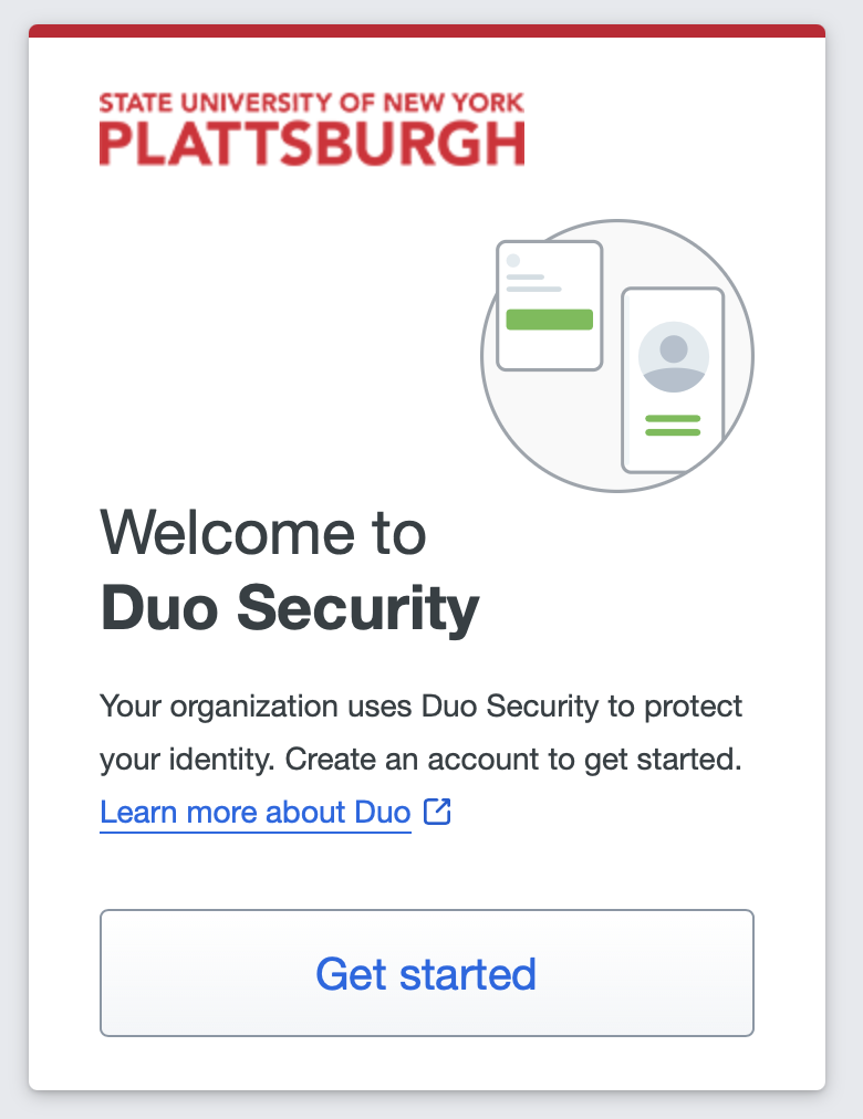 SUNY Plattsburgh Welcome to Duo Security screen with Get started button.