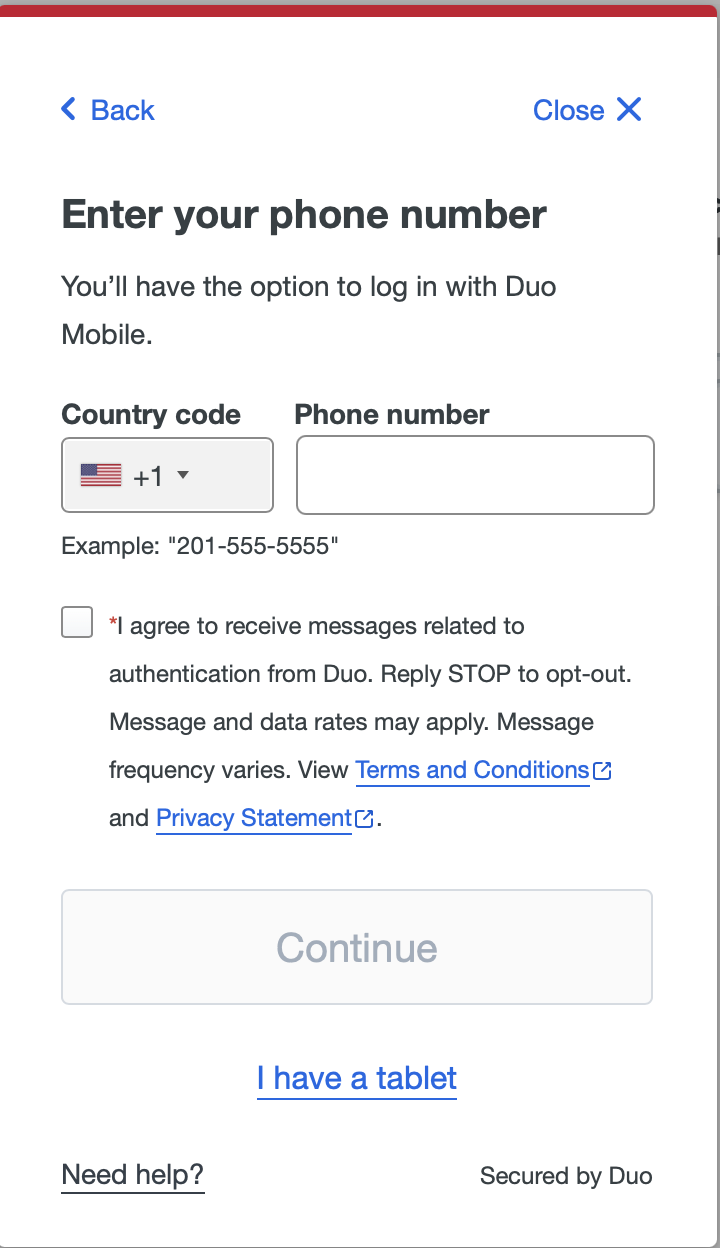 Duo Mobile setup asks for a phone number and offers I have a tablet.