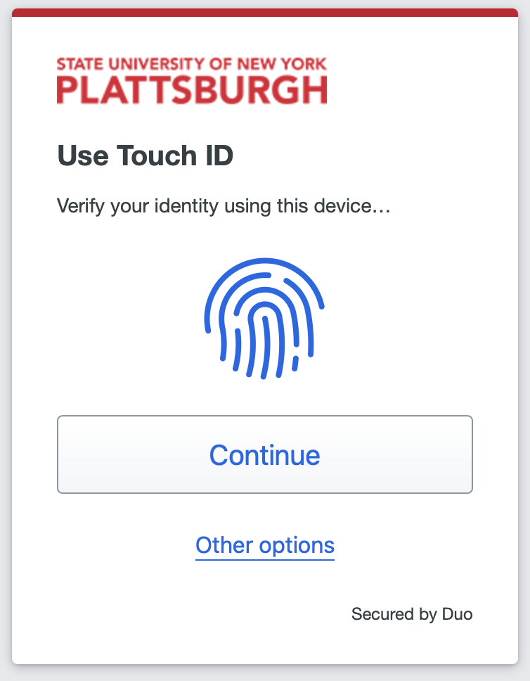 Plattsburgh Duo screen offering Touch ID, with Other options below the Continue button.