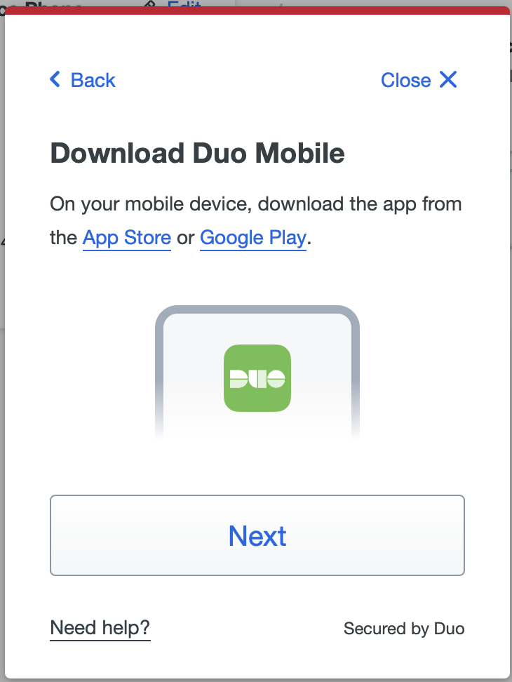 Download Duo Mobile screen with App Store, Google Play and Next.